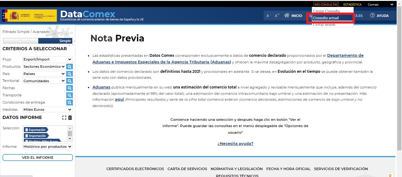 Menú Consulta actual