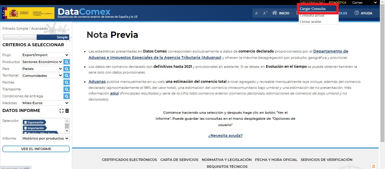 Menú Cargar consulta