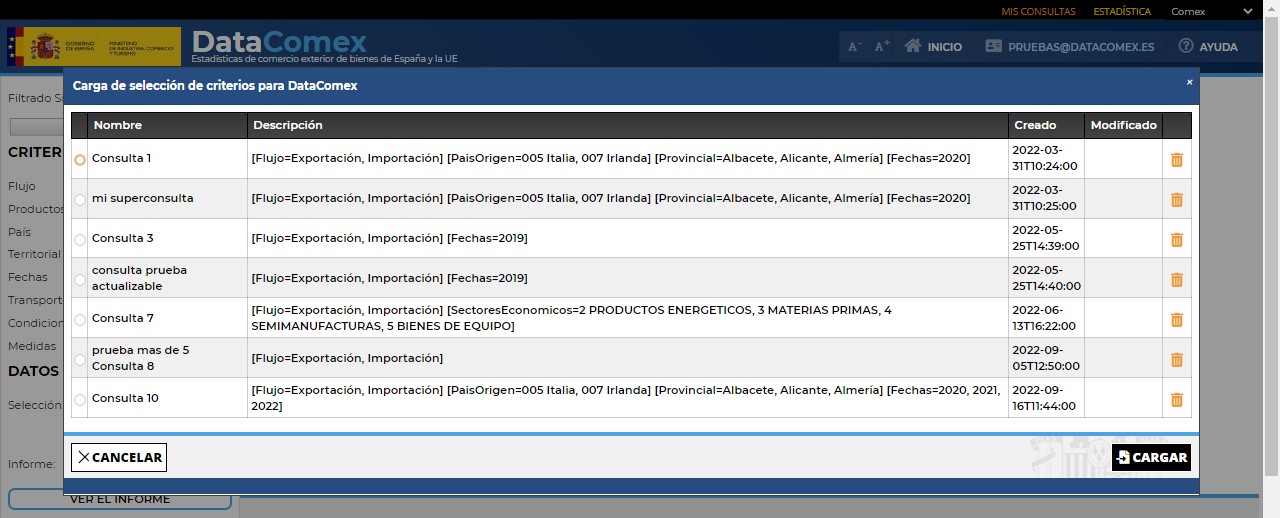 Menú Carga de Selección de criterios